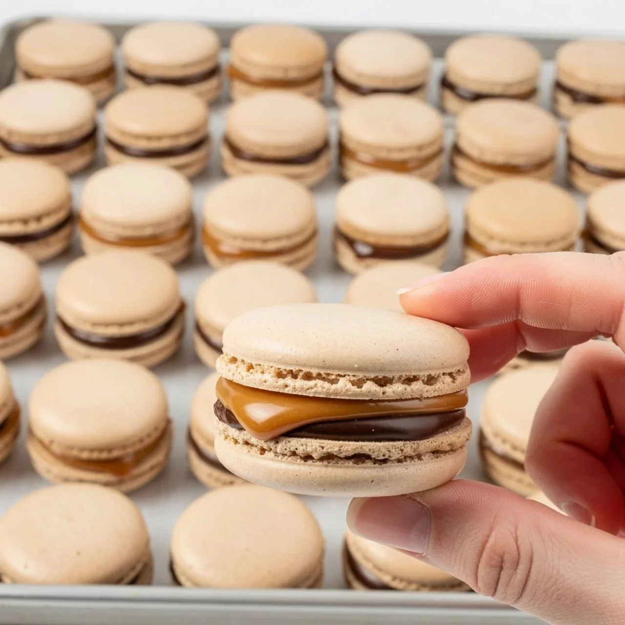 A selection of colorful millionaire macarons on a delicate display.