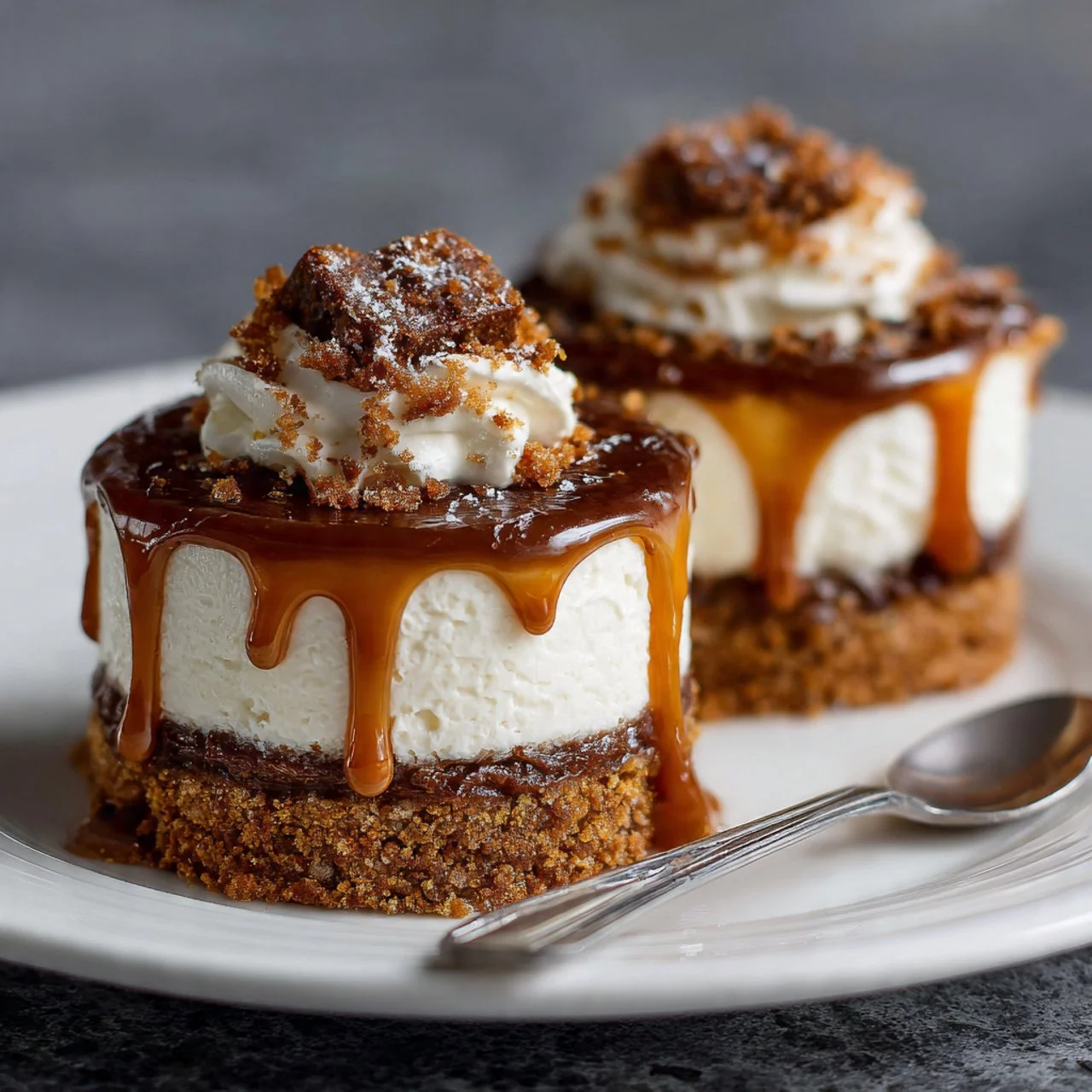 Mini no-bake gingersnap icebox cakes served on a plate with toppings