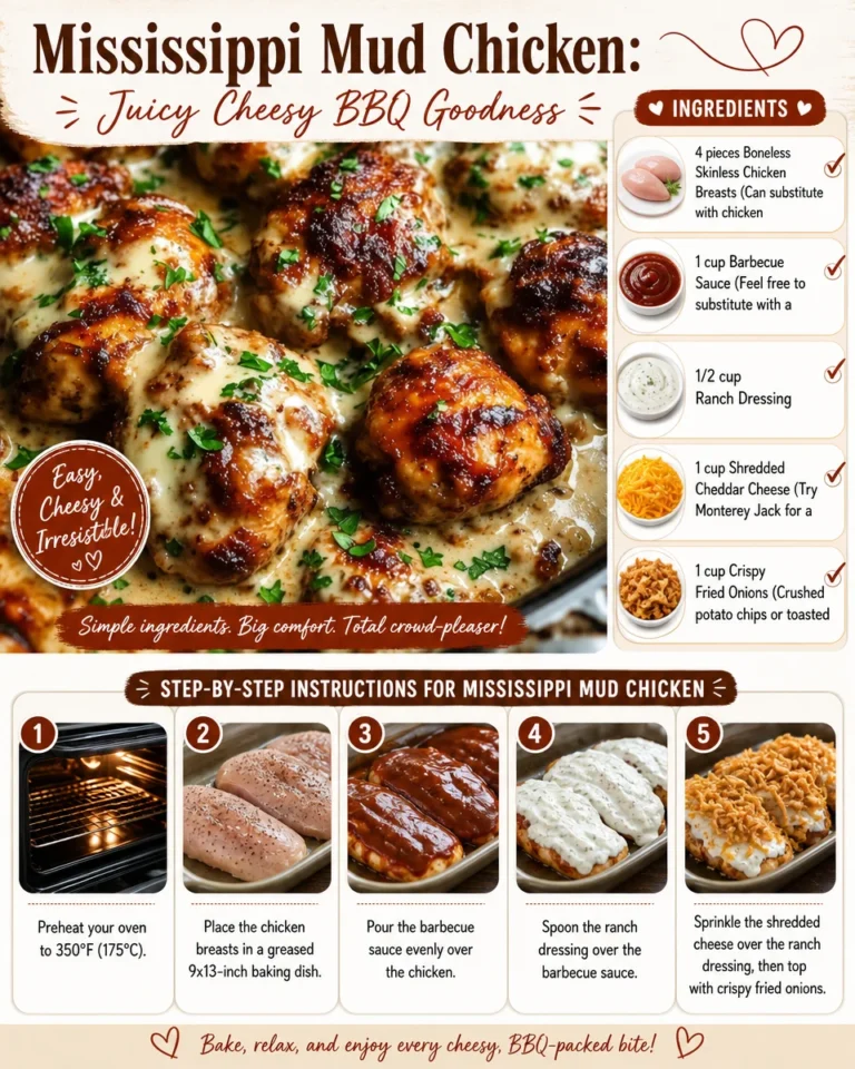 Juicy Mississippi Mud Chicken topped with cheese and BBQ sauce