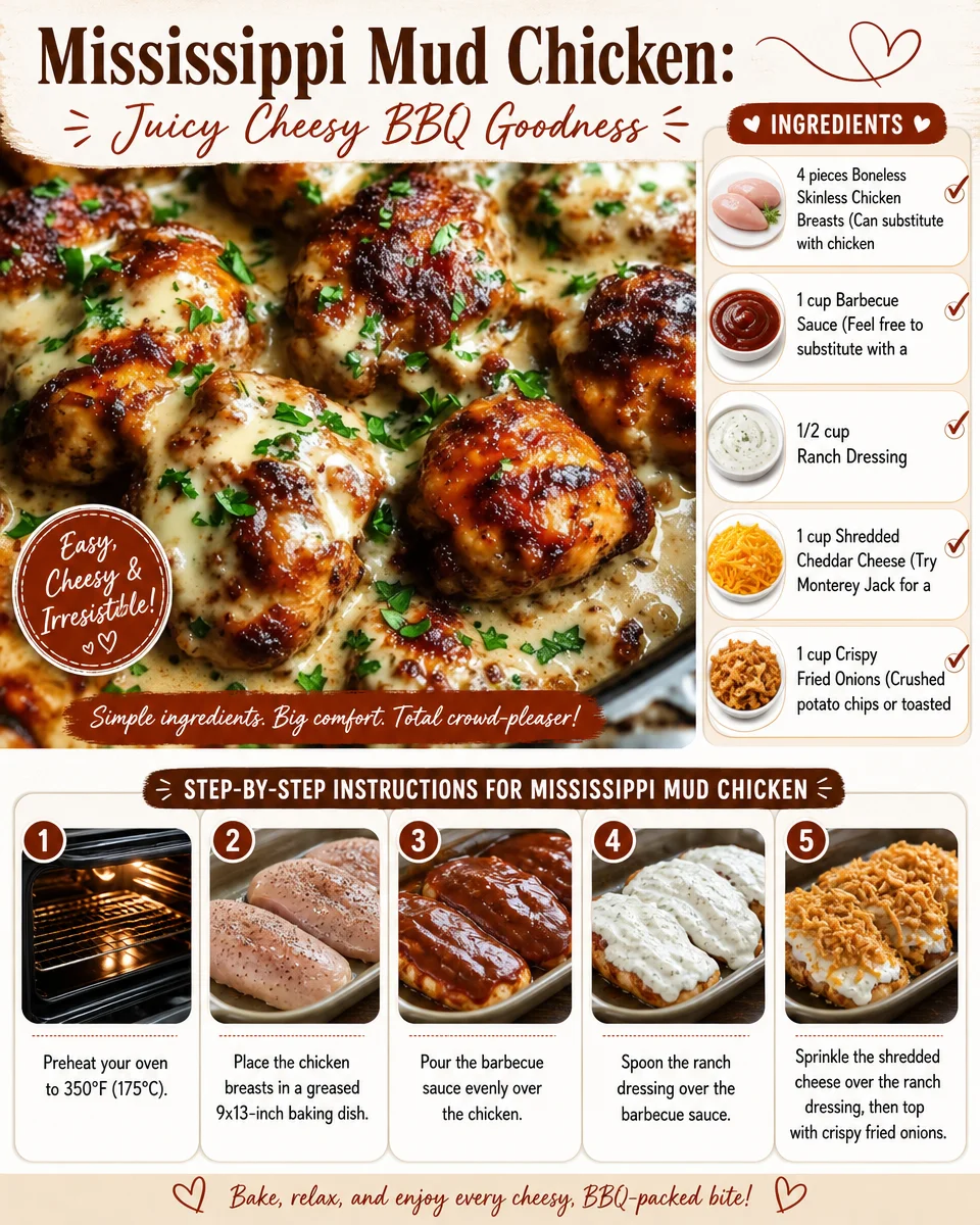 Juicy Mississippi Mud Chicken topped with cheese and BBQ sauce