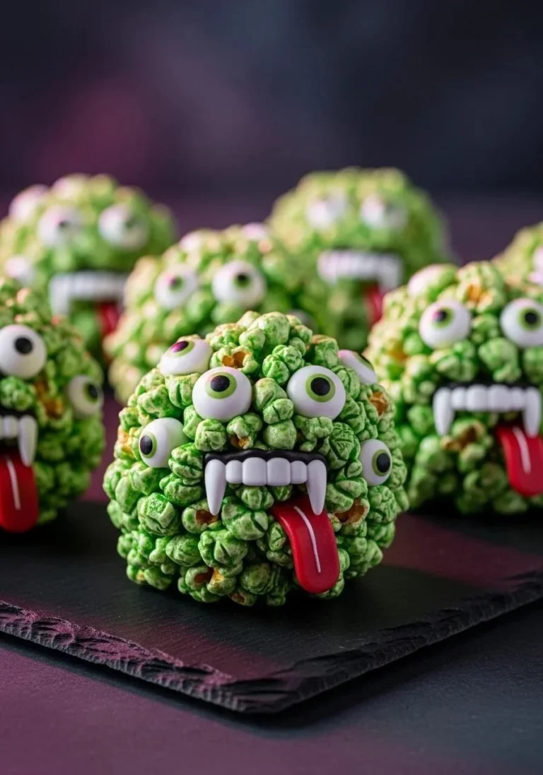 Colorful Monster Popcorn Balls decorated for Halloween