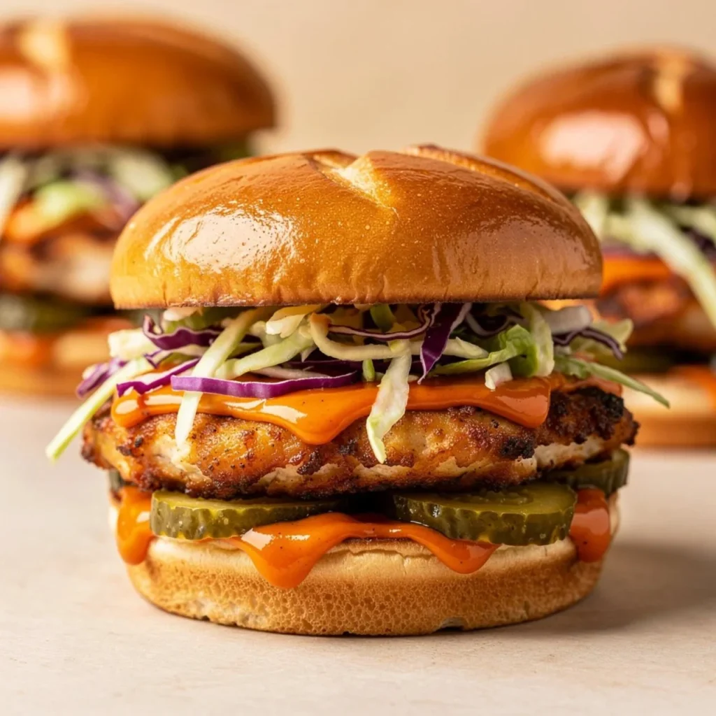 Nashville hot chicken sandwich with crispy coating and spicy sauce served with pickles