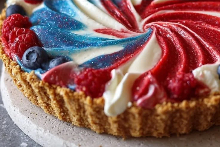 Delicious No-Bake 4th of July Swirl Pie with vibrant colors and festive decoration