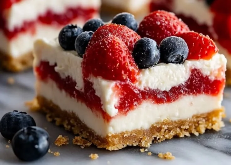 No-bake flag cheesecake bars decorated for a patriotic dessert celebration