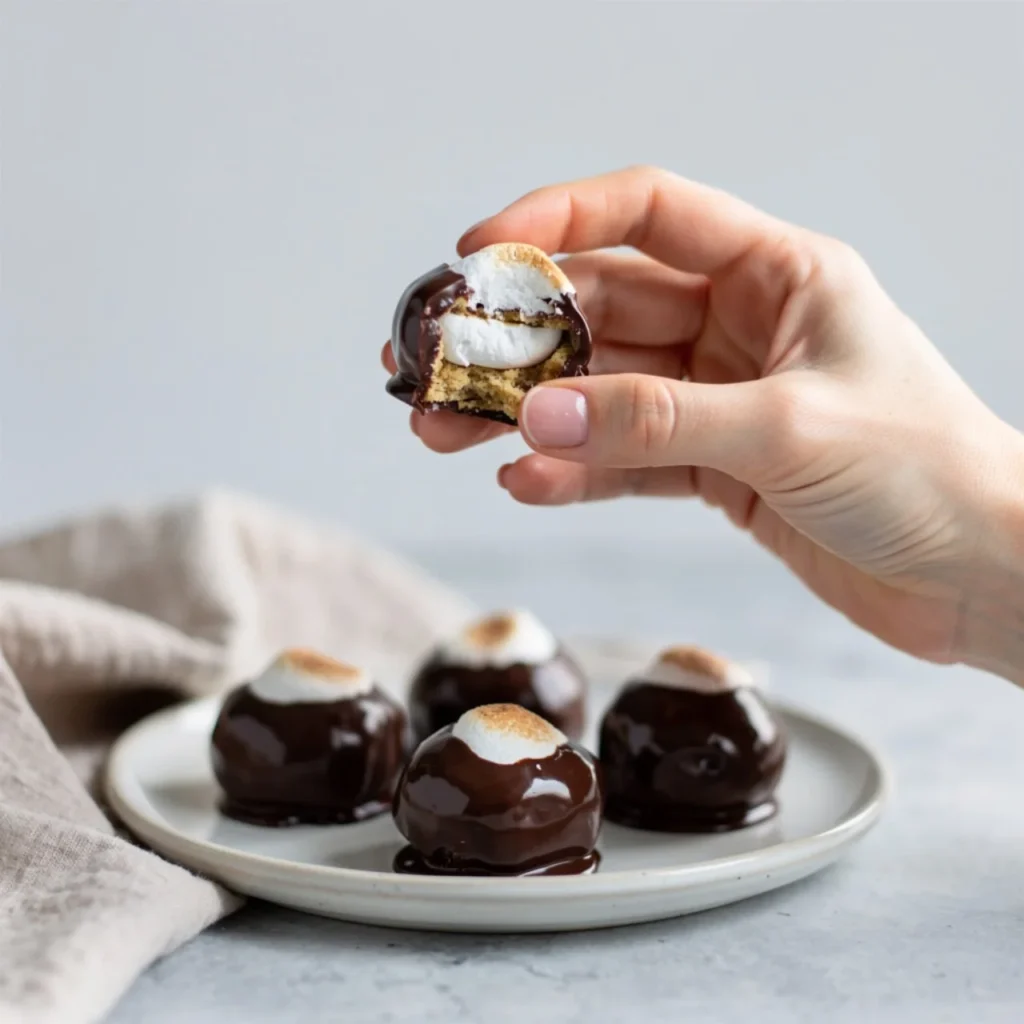 No Bake S'mores Cookie Dough Bites ready to enjoy, featuring graham crackers and chocolate.