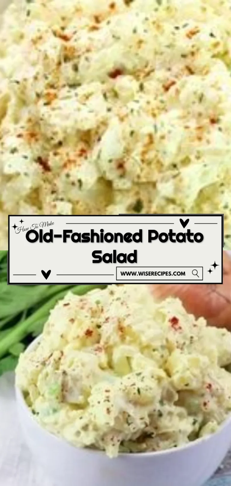Bowl of old-fashioned potato salad with fresh herbs and ingredients.