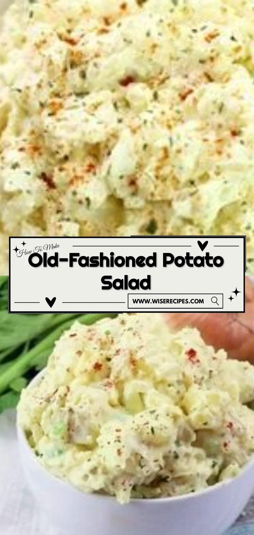 Bowl of old-fashioned potato salad with fresh herbs and ingredients.
