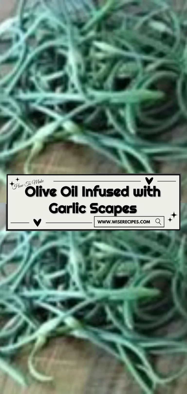 Bottle of olive oil infused with garlic scapes, showcasing vibrant green hues and aromatic ingredients.