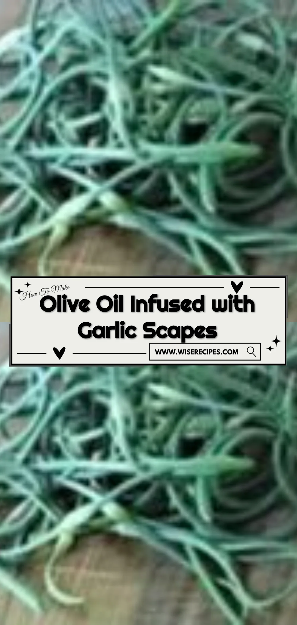 Bottle of olive oil infused with garlic scapes, showcasing vibrant green hues and aromatic ingredients.