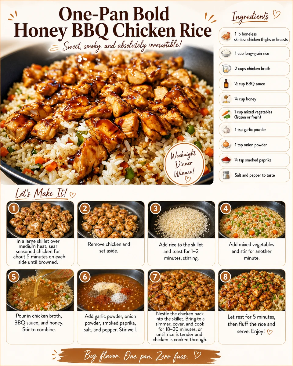 One-Pan Bold Honey BBQ Chicken Rice dish served on a plate.
