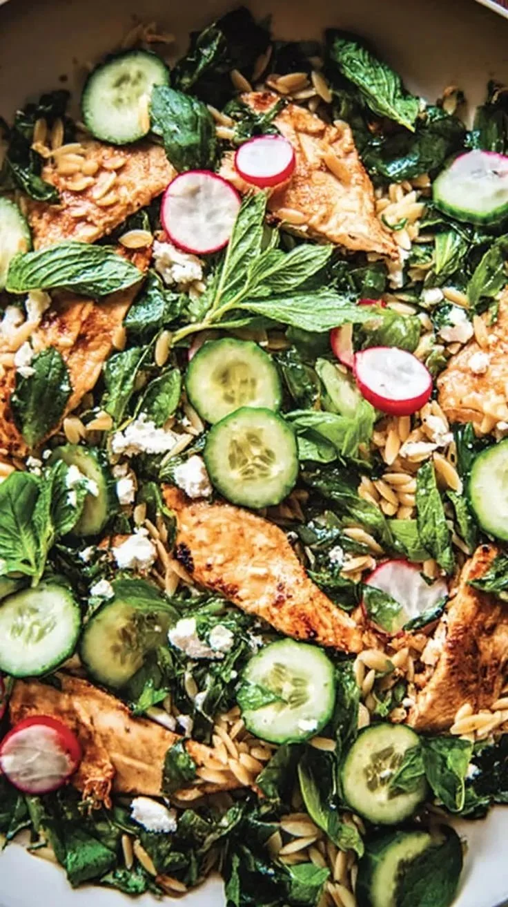 One-Pan Lemon Herb Chicken with Orzo dish garnished with herbs and lemon slices.