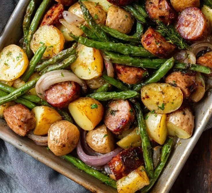 One-pan sausage with green beans and potatoes meal served in a skillet
