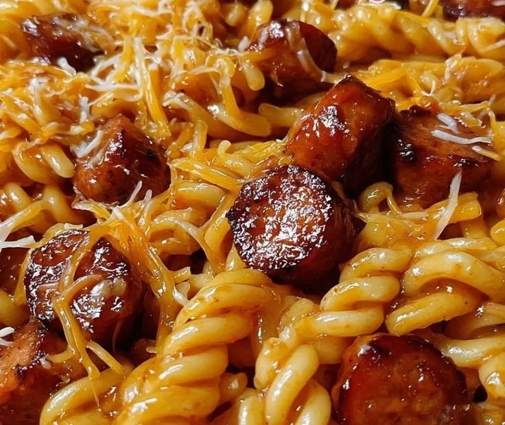 One-pot honey BBQ sausage pasta dish served in a bowl with fresh herbs