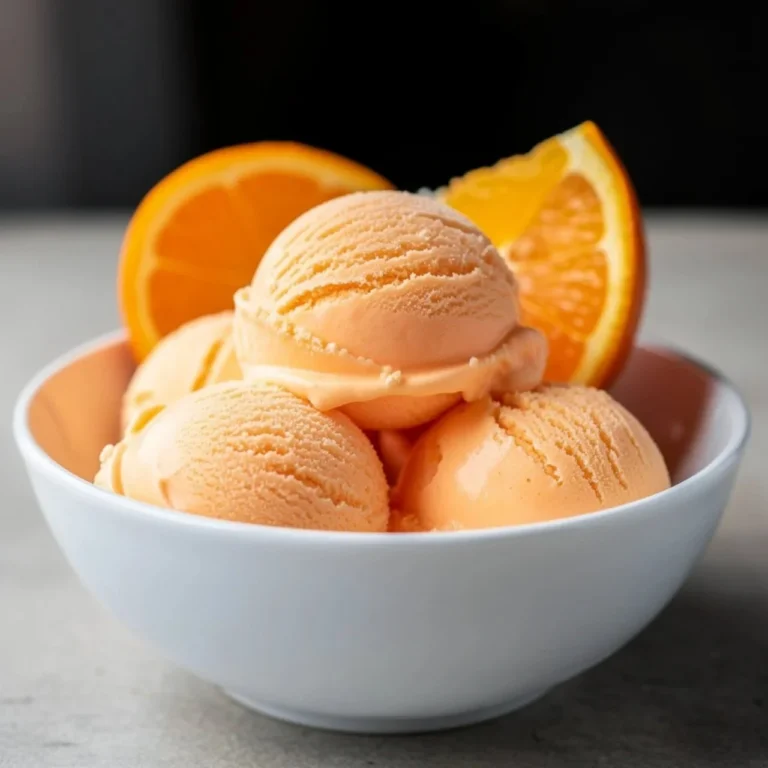 Delicious orange ice cream in a bowl with a spoon