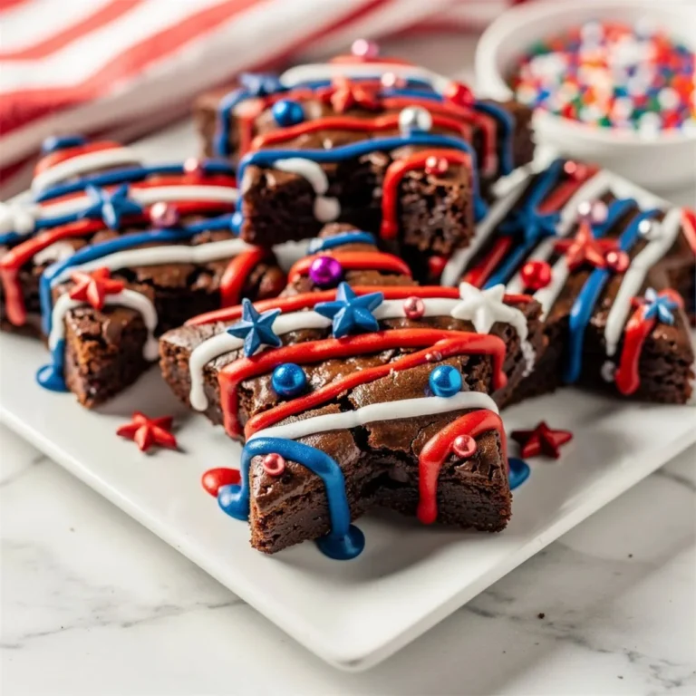 Delicious Patriotic Brownies decorated with red, white, and blue icing for celebration.