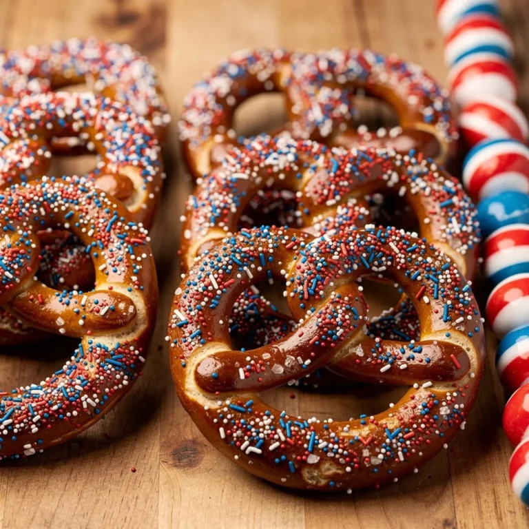 Delicious patriotic pretzel rods decorated in red, white, and blue for celebrations.