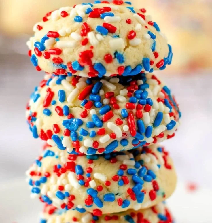 Patriotic Sprinkle Cookies with red, white, and blue sprinkles on a plate