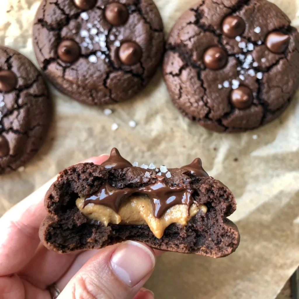Peanut Butter Stuffed Chocolate Cookies on a baking tray