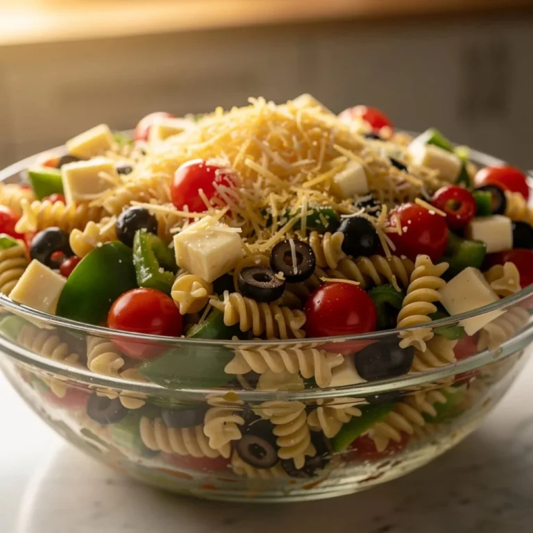 Bowl of perfect Italian Pasta Salad with fresh vegetables and dressing