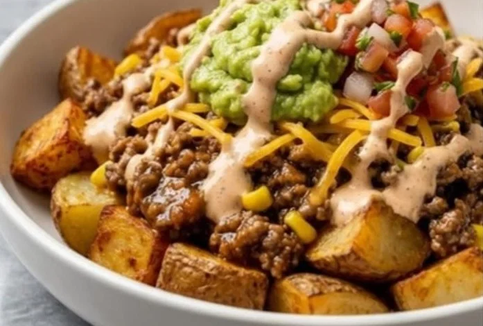 Delicious homemade Potato Taco Bowl topped with fresh ingredients