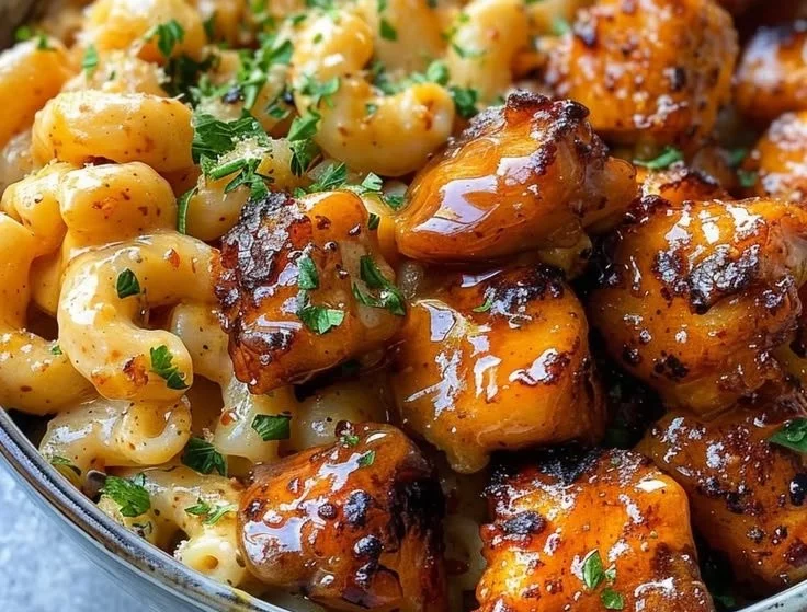 Plate of protein-packed honey garlic butter chicken with macaroni and cheese
