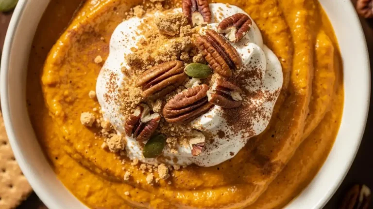 Pumpkin pie smoothie bowl with toppings and a sprinkle of cinnamon