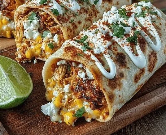 Delicious quick Mexican street corn chicken wraps served on a plate.