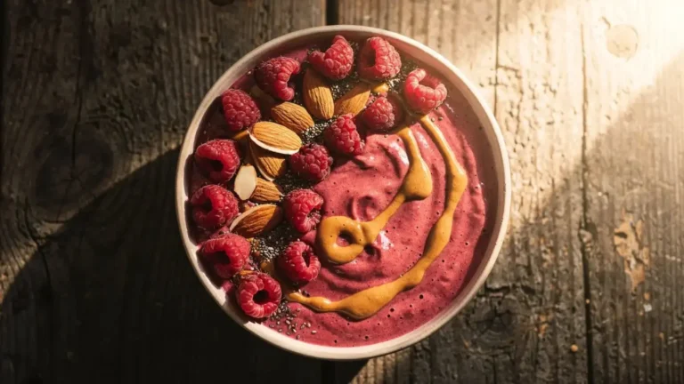 Raspberry and Almond Butter Smoothie Bowl topped with fresh berries and nuts