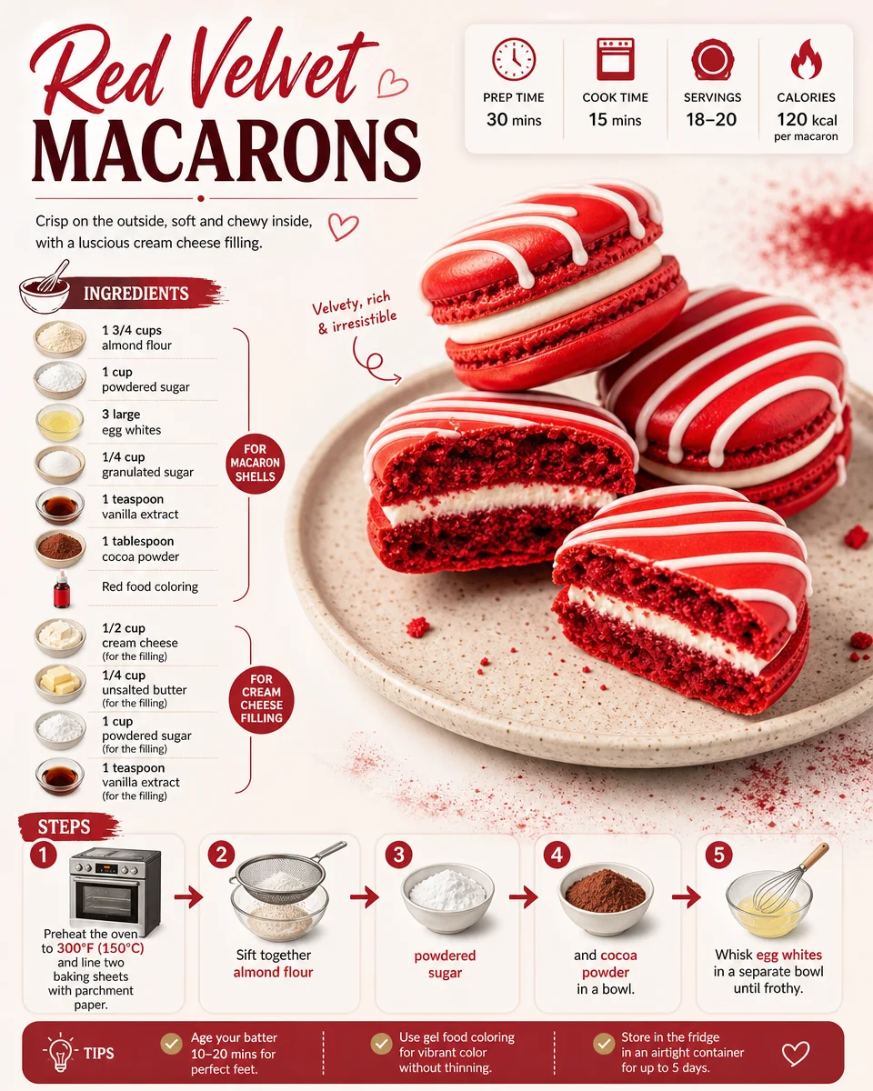 Beautiful Red Velvet Macarons with cream cheese filling displayed on a platter.