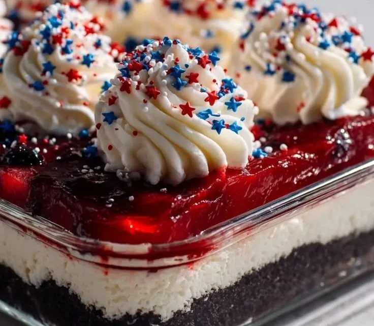 Red White and Blue Dessert Lasagna - A colorful no-bake patriotic dessert.