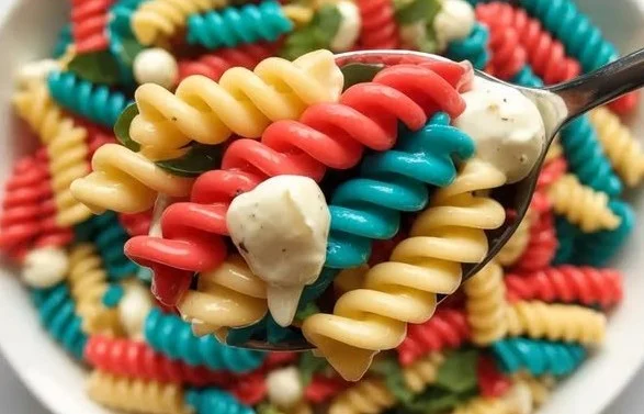 Colorful Red, White, and Blue Pasta Salad in a bowl, perfect for summer BBQs.