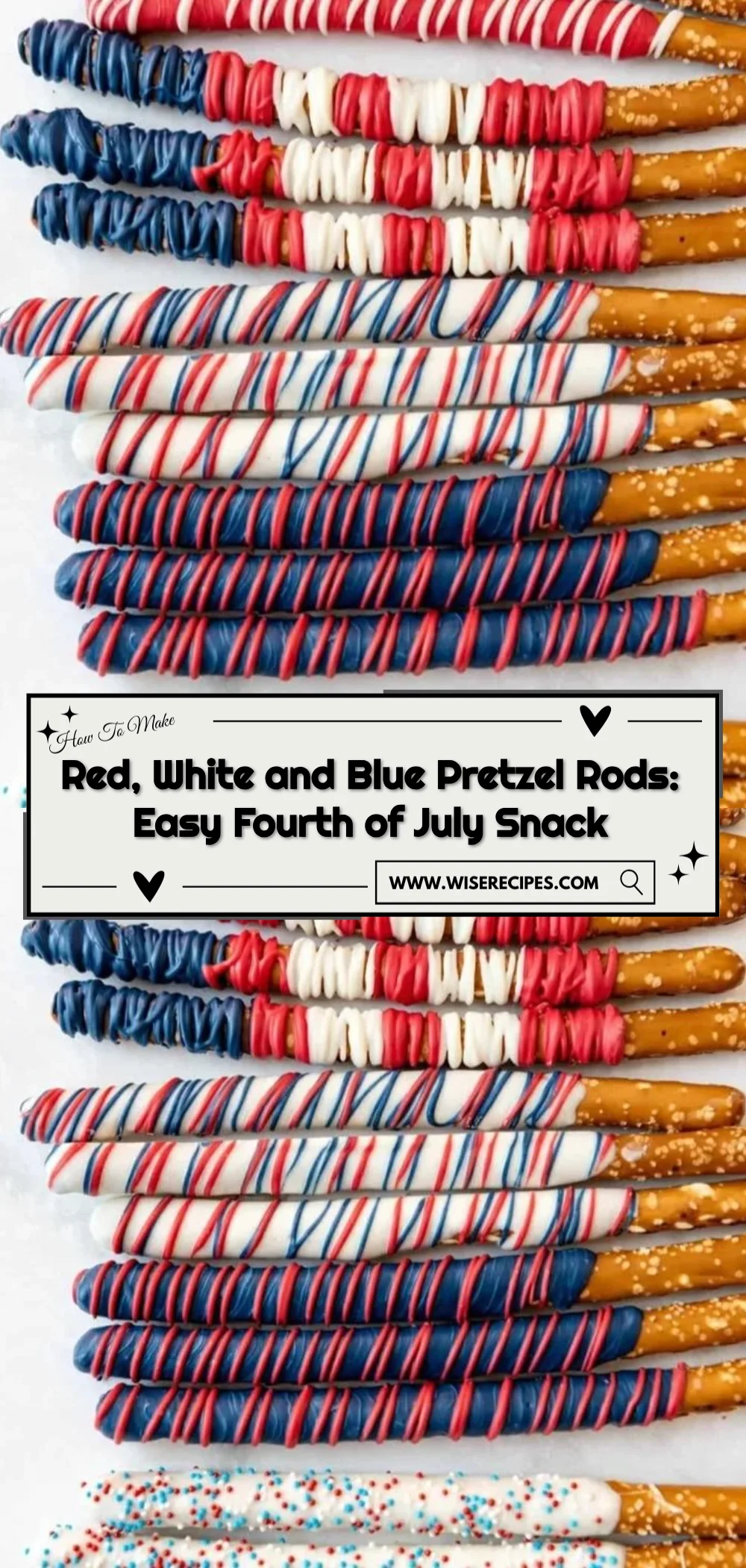 Red, white, and blue decorated pretzel rods for Fourth of July celebration