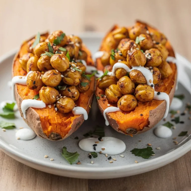 Roasted sweet potatoes with crispy chickpeas and tahini butter on a plate.
