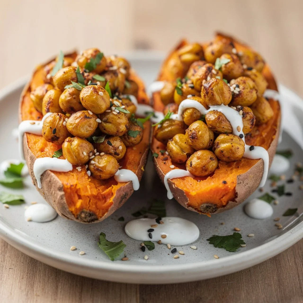 Roasted sweet potatoes with crispy chickpeas and tahini butter on a plate.
