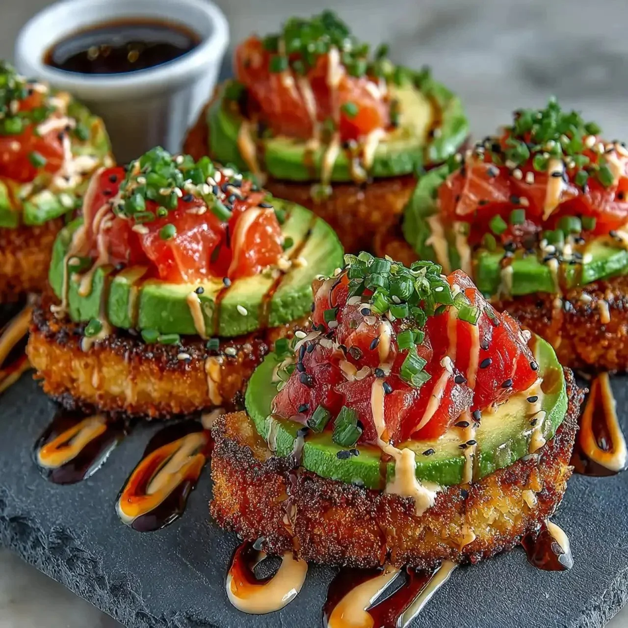 Plate of salmon crispy rice appetizers garnished with fresh ingredients.