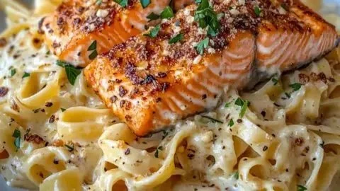 Delicious Salmon Fettuccine in Creamy Garlic Butter Sauce served on a plate