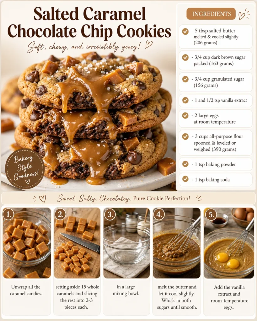 Freshly baked salted caramel chocolate chip cookies on a cooling rack