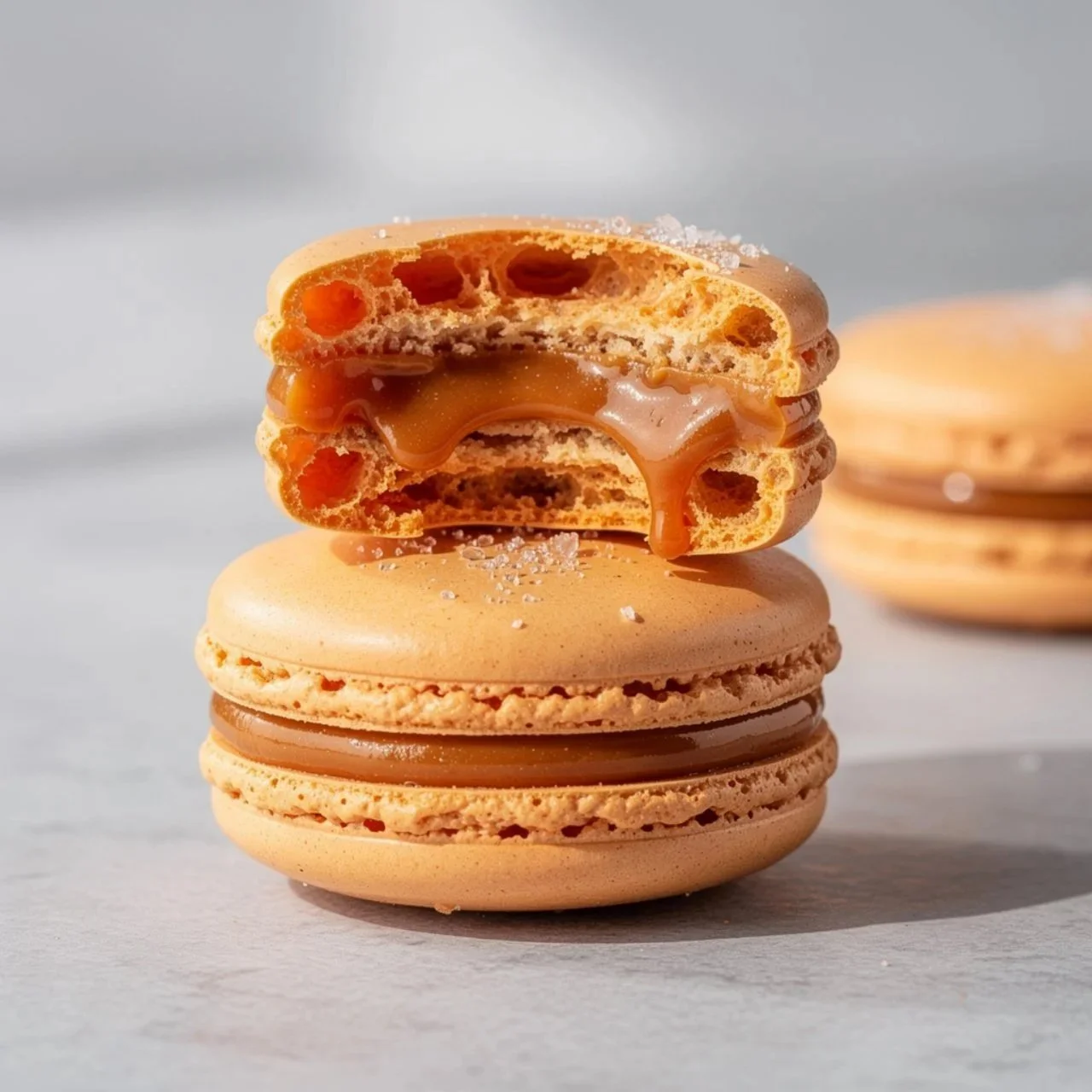 Delicious salted caramel macarons with a sweet and salty filling.