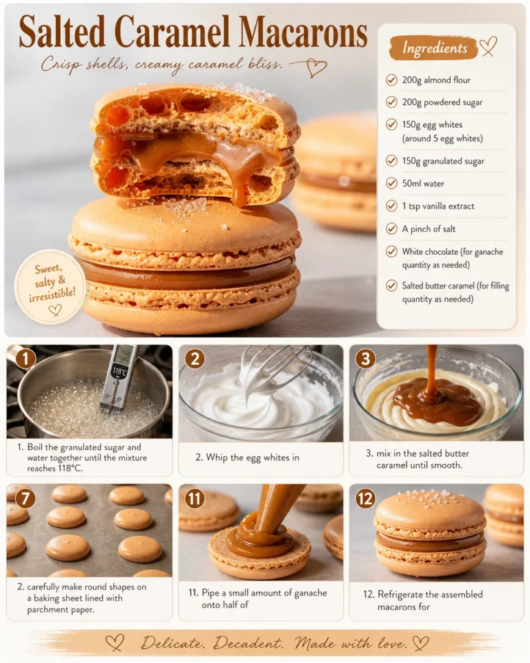 Plate of homemade salted caramel macarons topped with sea salt