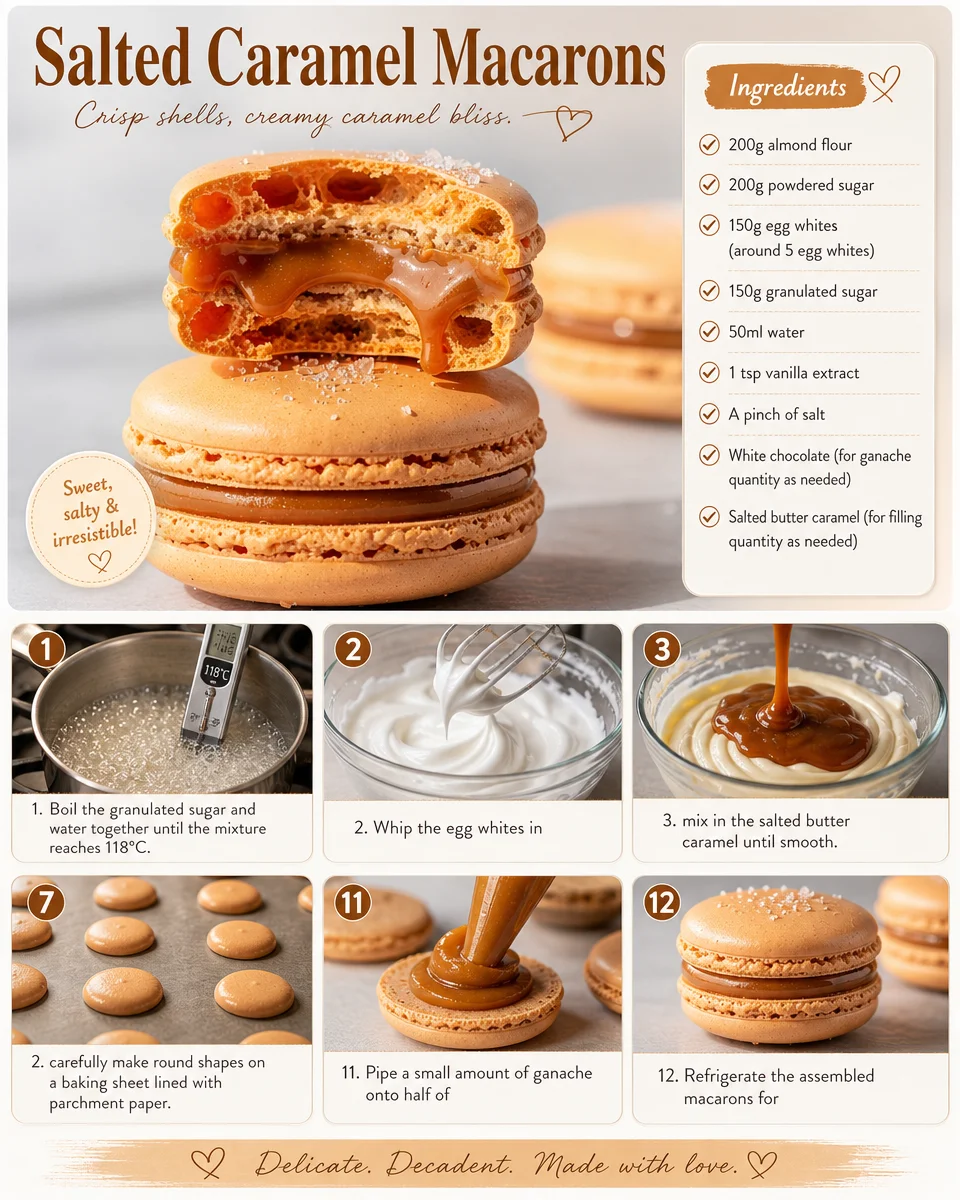Plate of homemade salted caramel macarons topped with sea salt