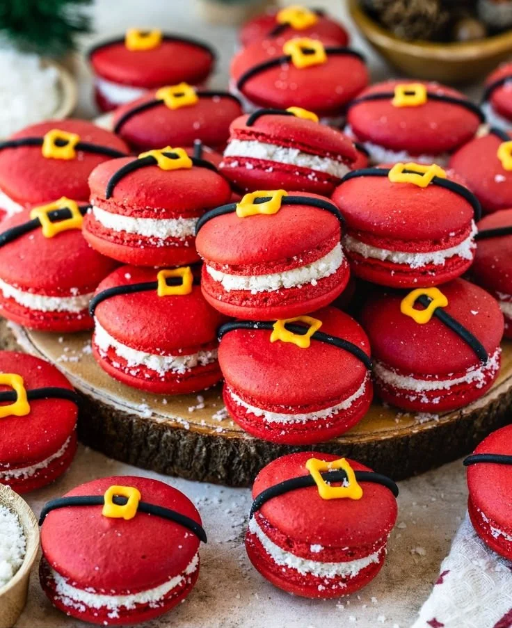 Festively decorated Santa Claus macarons for holiday celebrations.