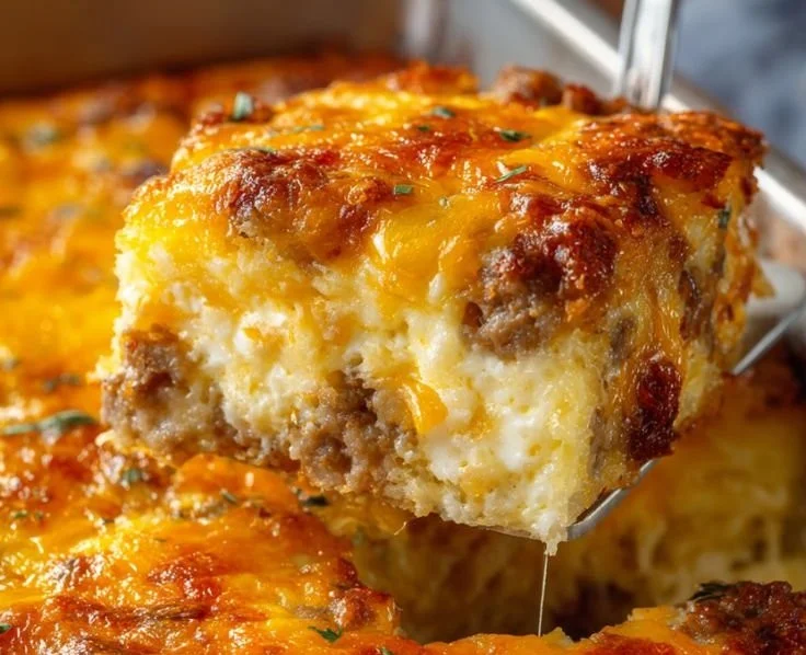Sausage, egg, and cream cheese hashbrown casserole baked to perfection.