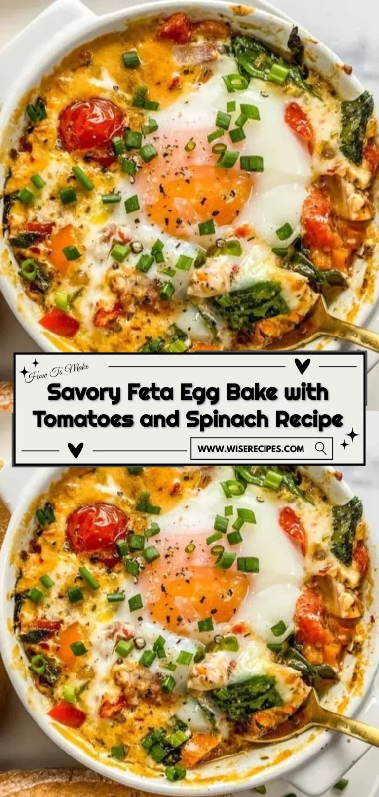 Savory feta egg bake with tomatoes and spinach in a baking dish