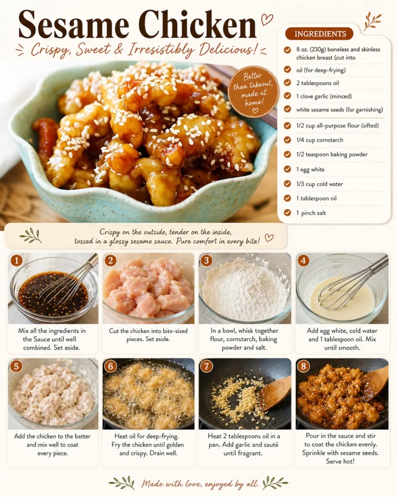Delicious plate of Sesame Chicken garnished with sesame seeds