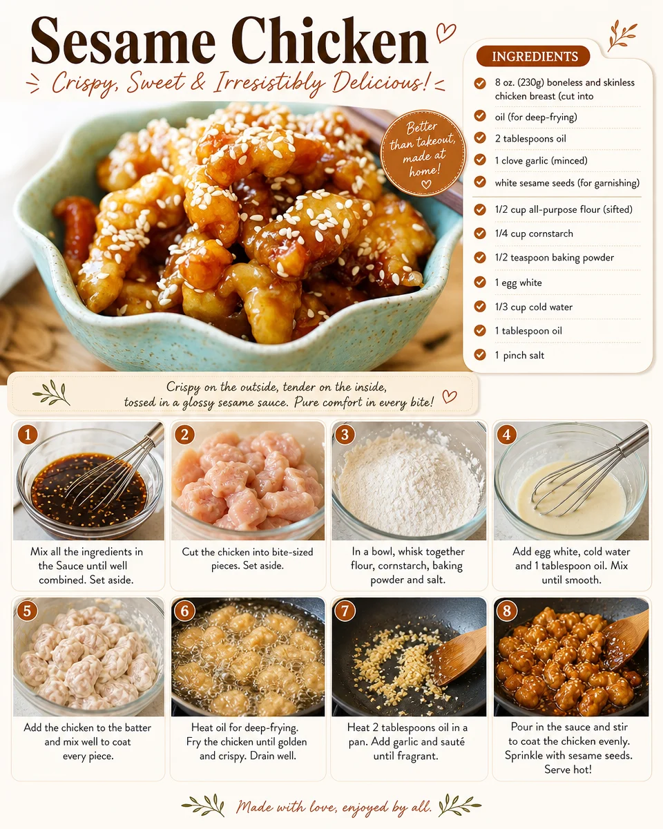Delicious plate of Sesame Chicken garnished with sesame seeds