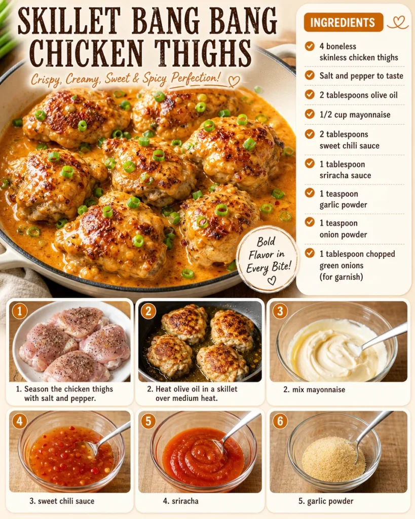 Skillet Bang Bang Chicken Thighs served with garnishes and sauce