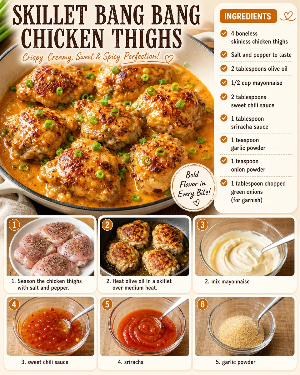 Skillet Bang Bang Chicken Thighs served with garnishes and sauce