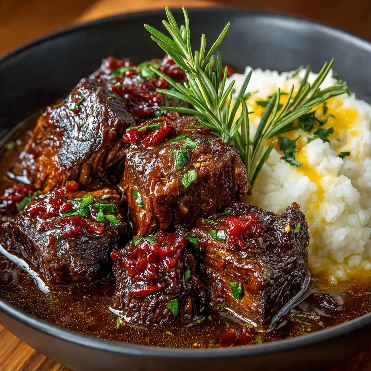 Delicious Slow Cooker Beef Manhattan served over mashed potatoes