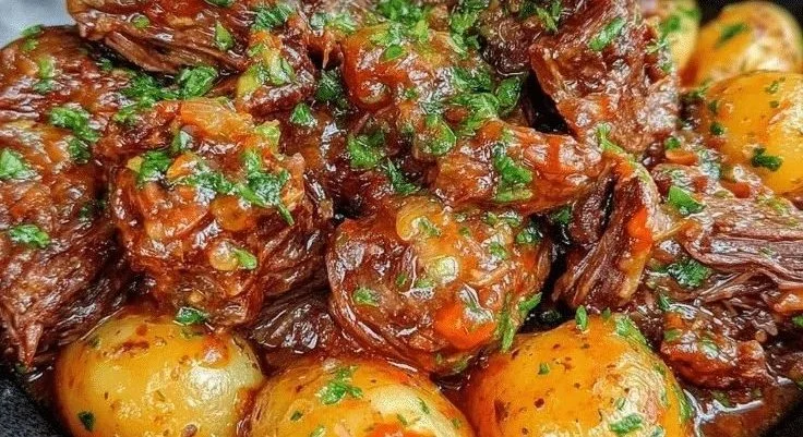 Slow cooker garlic butter beef with tender potatoes in a delicious sauce.