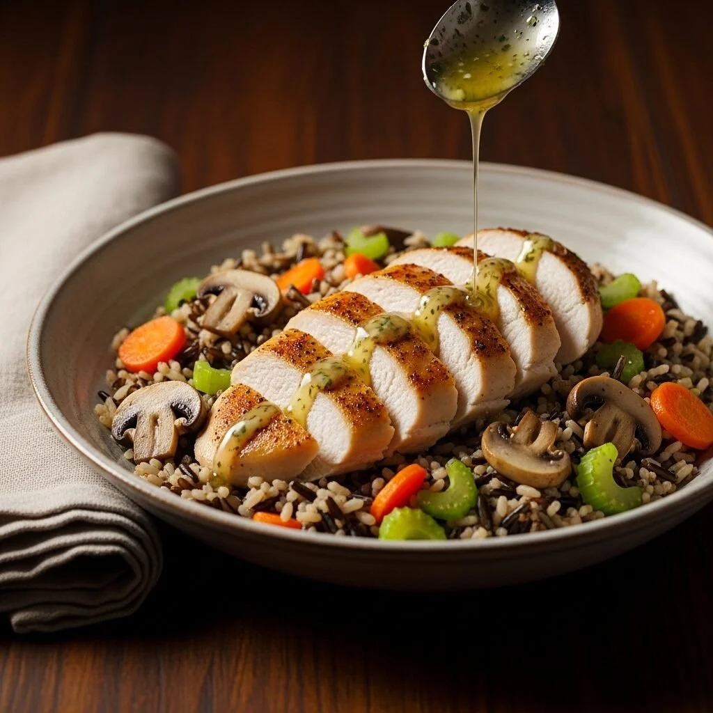 Slow Cooker Herb Butter Chicken served over a bed of wild rice garnished with herbs